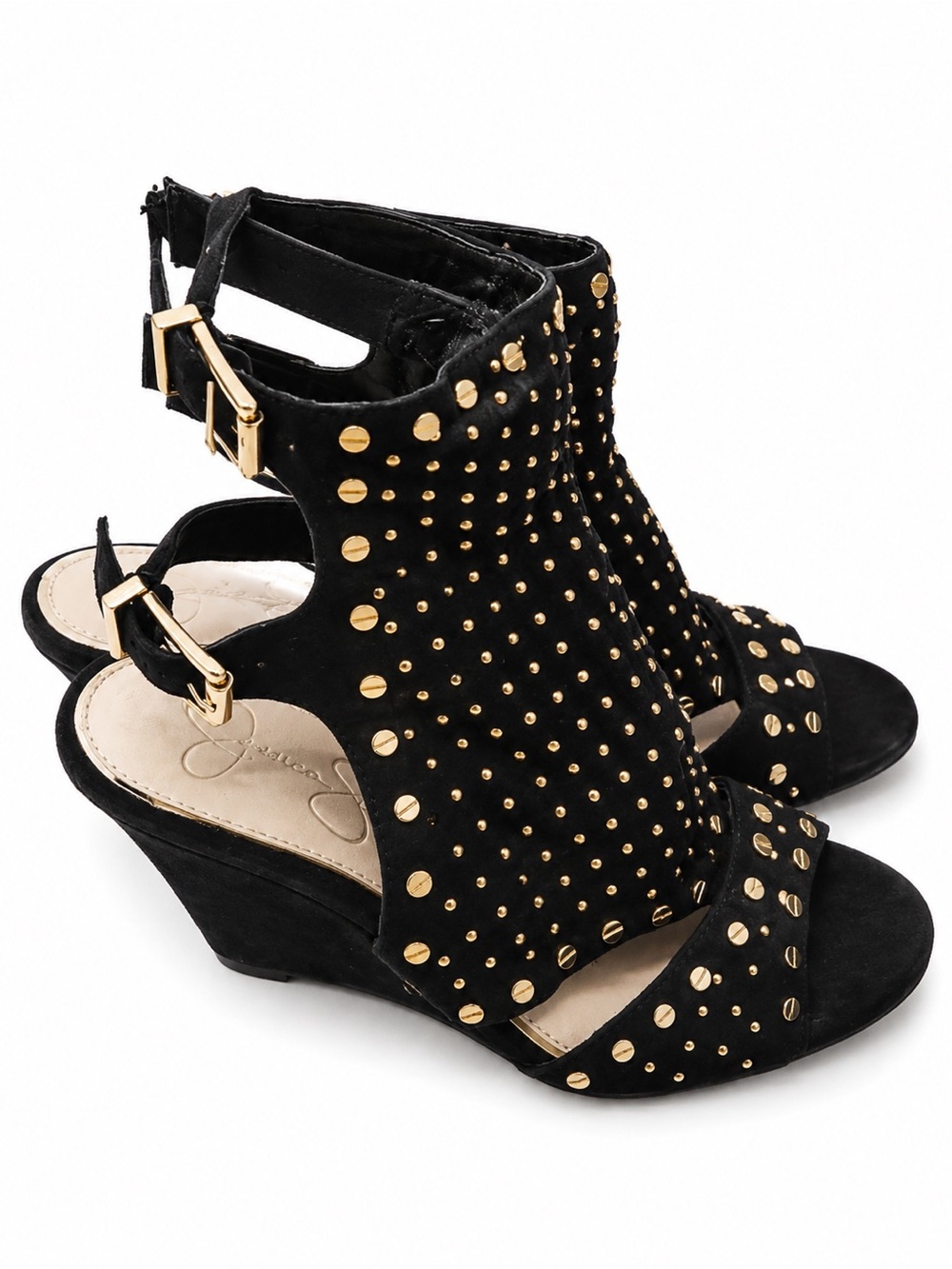 NEVER WORN SOLD OUT Jessica Simpson Black Wedge Sandals with Gold Stud Accents